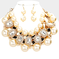 Stone Embellished Chain Link Pearl Collar Necklace