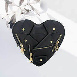 Faux Leather Jacket Detailed Heart Shaped Wristlet Clutch / Crossbody Bag