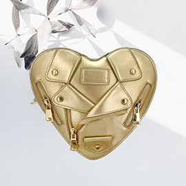 Faux Leather Jacket Detailed Heart Shaped Wristlet Clutch / Crossbody Bag