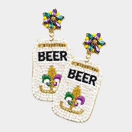 Mardi Gras Felt Back Stone Beaded Beer Dangle Earrings