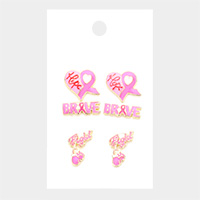 3Pairs - Pink Ribbon Heart Hope BRAVE Fight Message Stud Earrings