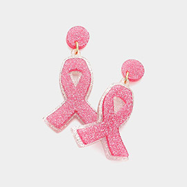 Glittered Resin Pink Ribbon Dangle Earrings