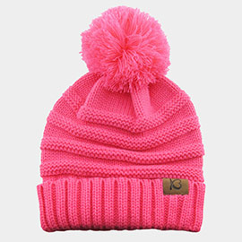 Cable Knit Ribbed Chunk Pom Pom Beanie Hat