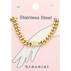 Stainless Steel CZ Embellished Metal Chain Link Bracelet