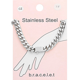 Stainless Steel CZ Embellished Metal Chain Link Bracelet