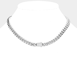 Stainless Steel CZ Embellished Metal Chain Link Necklace