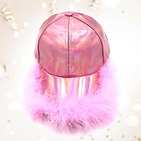 Faux Feather Trimmed Hologram Baseball Cap