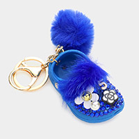 Studded Shoe Faux Fur Pom Pom Keychain