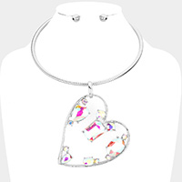 Multi Stone Embellished Heart Pendant Necklace