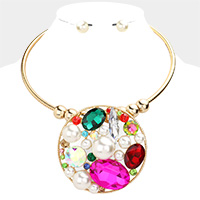 Pearl Multi Stone Cluster Open Circle Necklace