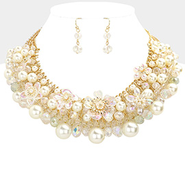 Flower Accented Pearl Bicone Beaded Necklace