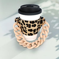 Leopard Patterned Faux Leather Coffee Cup Sleeve With Resin Chain Strap