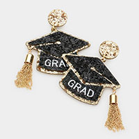 GRAD Glittered Graduation Cap Chain Tassel Dangle Earrings