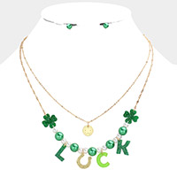 St. Patrick's Day LUCK Message Glittered Resin Clover Horseshoe Pearl Double Layered Necklace