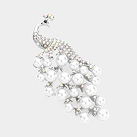 Pearl Rhinestone Embellished Peacock Pin Brooch