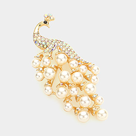 Pearl Rhinestone Embellished Peacock Pin Brooch