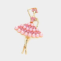 Round Stone Pearl Embellished Ballerina Pin Brooch