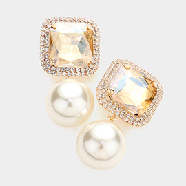 Square Stone Pearl Link Dangle Evening Clip on Earrings