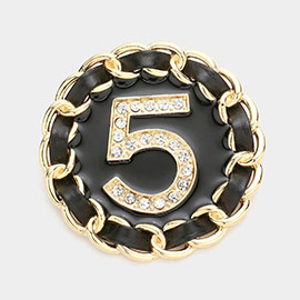 No. 5 Metal Chain Trimmed Round Pin Brooch