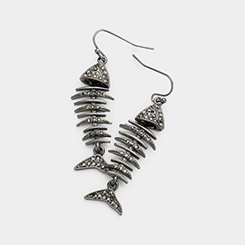Rhinestone Embellished Metal Fishbone Dangle Earrings