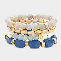 4PCS - Semi Precious Wood Ball Stretch Bracelets