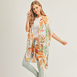 Flower Leaf Print Cover Up Kimono Poncho