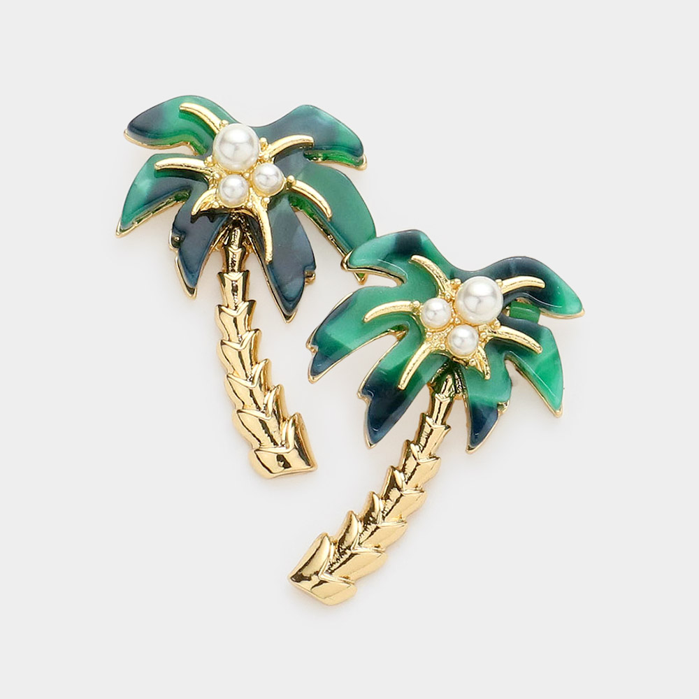 Pearl Embellished Celluloid Acetate Palm Tree Earrings