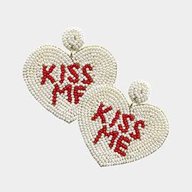 Kiss Me Message Felt Back Seed Beaded Heart Dangle Earrings