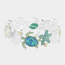 Stone Embellished Glittered Turtle Starfish Shell Stretch Bracelet