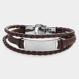Uni-Sex Metal Rectangle Accented Braided Faux Leather Bracelet