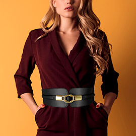 Faux Leather Metal Buckle Accented Wide Elastic Waist Belt