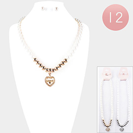 12PCS - Forever Message Heart Pendant Pearl Necklaces
