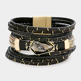 Angled Bead Pointed Faux Leather Magnetic Bracelet