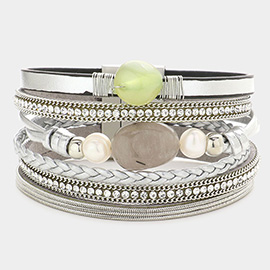 Pearl Natural Stone Accented Faux Leather Magnetic Bracelet