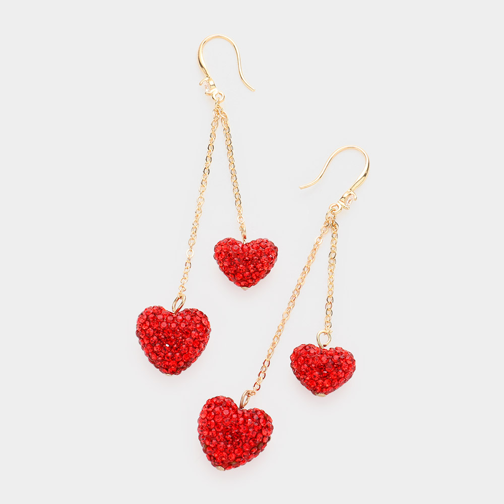 Dropped Rhinestone Pave Double Heart Dangle Earrings