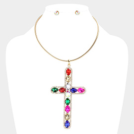 Glass Stone Embellished Cross Pendant Necklace