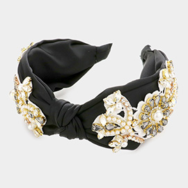 Pearl Stone Embellished Flower Burnout Knot Headband
