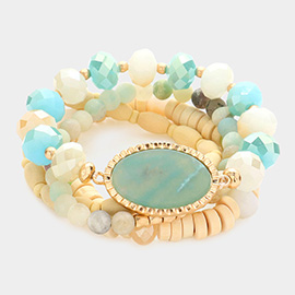 4PCS - Semi Precious Wood Ball Faceted Beaded Stretch Bracelets
