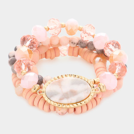 4PCS - Semi Precious Wood Ball Faceted Beaded Stretch Bracelets