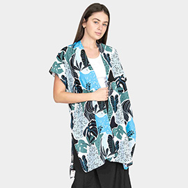 Tropical Leaf Patterned Cover Up Kimono Poncho
