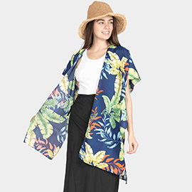 Tropical Leaf Patterned Lace Cover Up Kimono Poncho