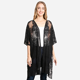 Floral Patterned Lace Cover Up Kimono Poncho
