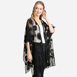 Floral Patterned Lace Cover Up Kimono Poncho