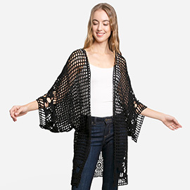 Solid Crochet Wide Sleeves Cover Up Kimono Poncho