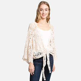 Floral Patterned Crochet Short Batwing Cover Up Poncho