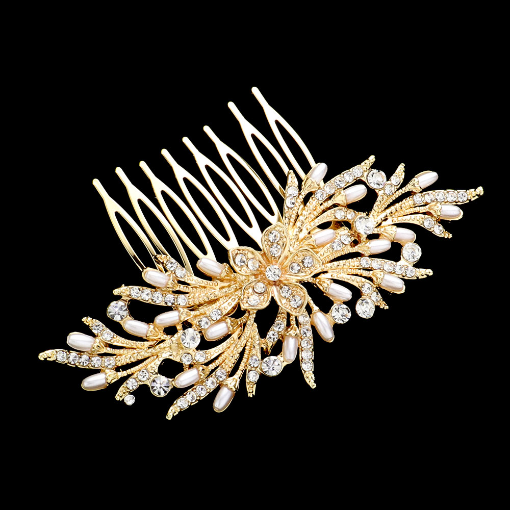 Rhinestone Embellished Flower Pearl Leaf Hair Comb
