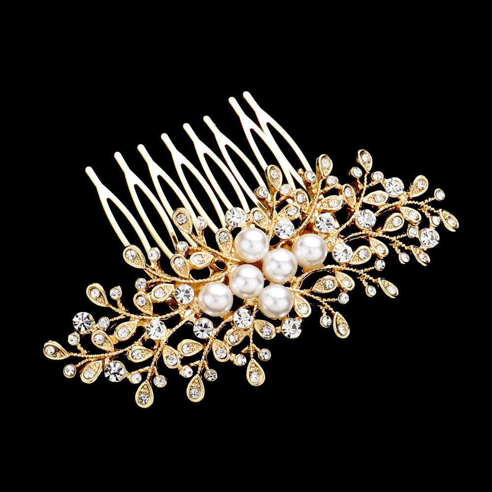 Pearl Bubble Stone Embellished Leaf Cluster Hair Comb