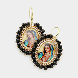 Virgin Mary Cross Printed Faceted Bead Cluster Dangle Earrings
