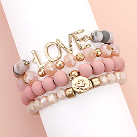 4PCS - LOVE Message Heart Charm Accented Semi Precious Wood Ball Stretch Bracelets