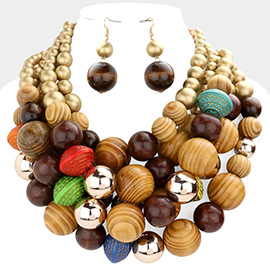 Wood Metal Ball Multi Layered Necklace